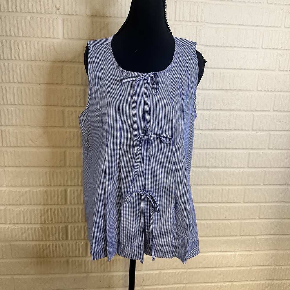 CeCe Gingham Blue Tie Top Boxy M Grandma Core Sleeveless Preppy Pleated Cotton - Picture 1 of 5